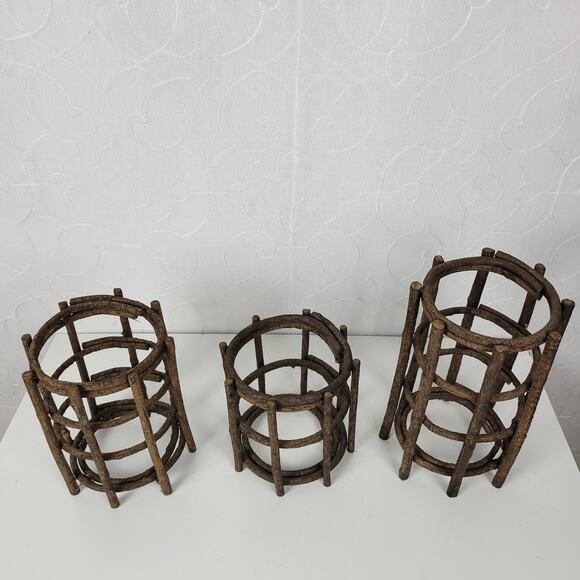 VINTAGE Handmade Candle Holders Brown Primitive Wooden Stick Home Decor Set of 3 - Picture 9 of 15